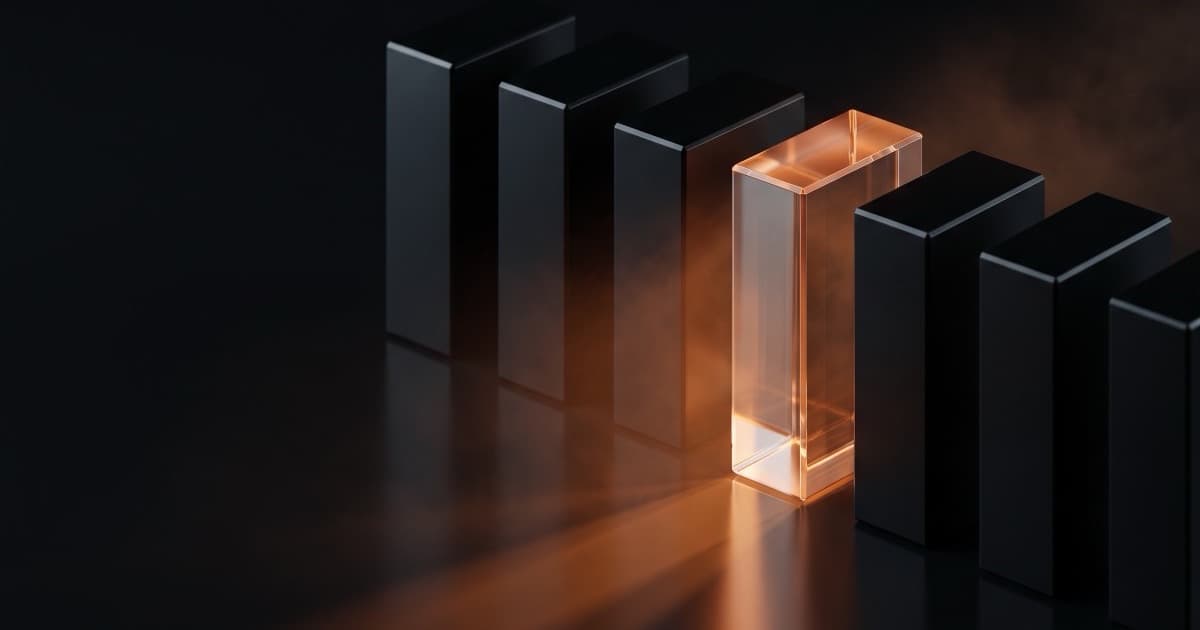 Una fila de bloques negros opacos y uno de vidrio iluminado por dentro, que deja ver su estructura