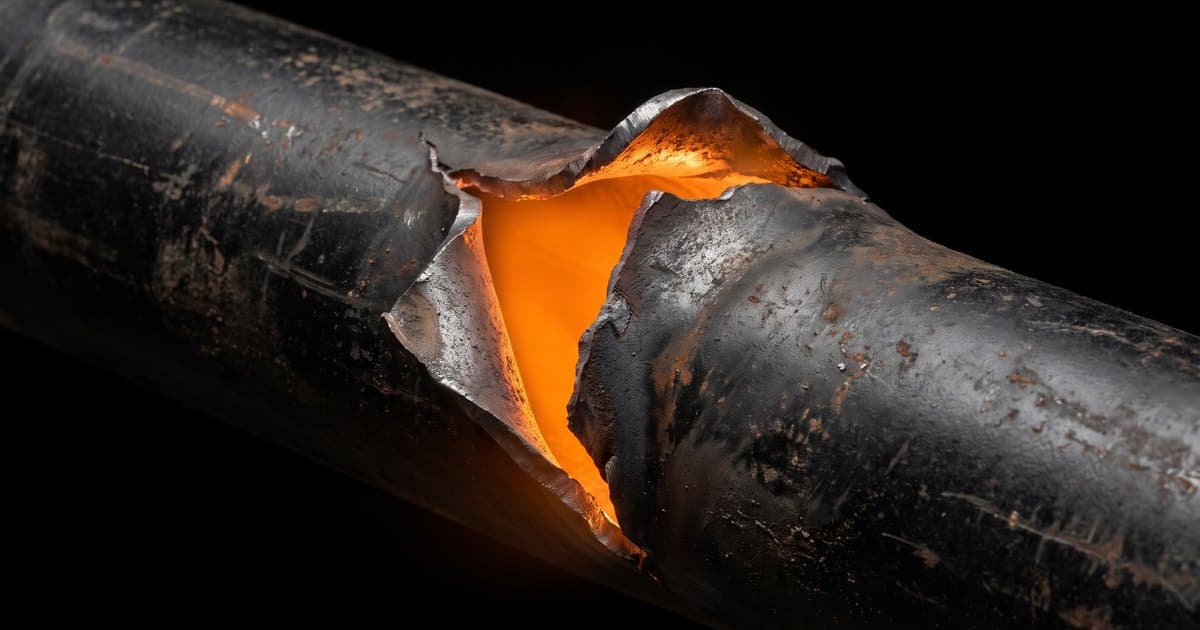 Una tubería industrial negra reventada por dentro, con luz naranja escapando por la fisura