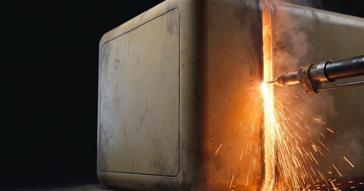 Una carcasa de máquina vieja y sellada siendo cortada, con chispas y luz saliendo por la abertura