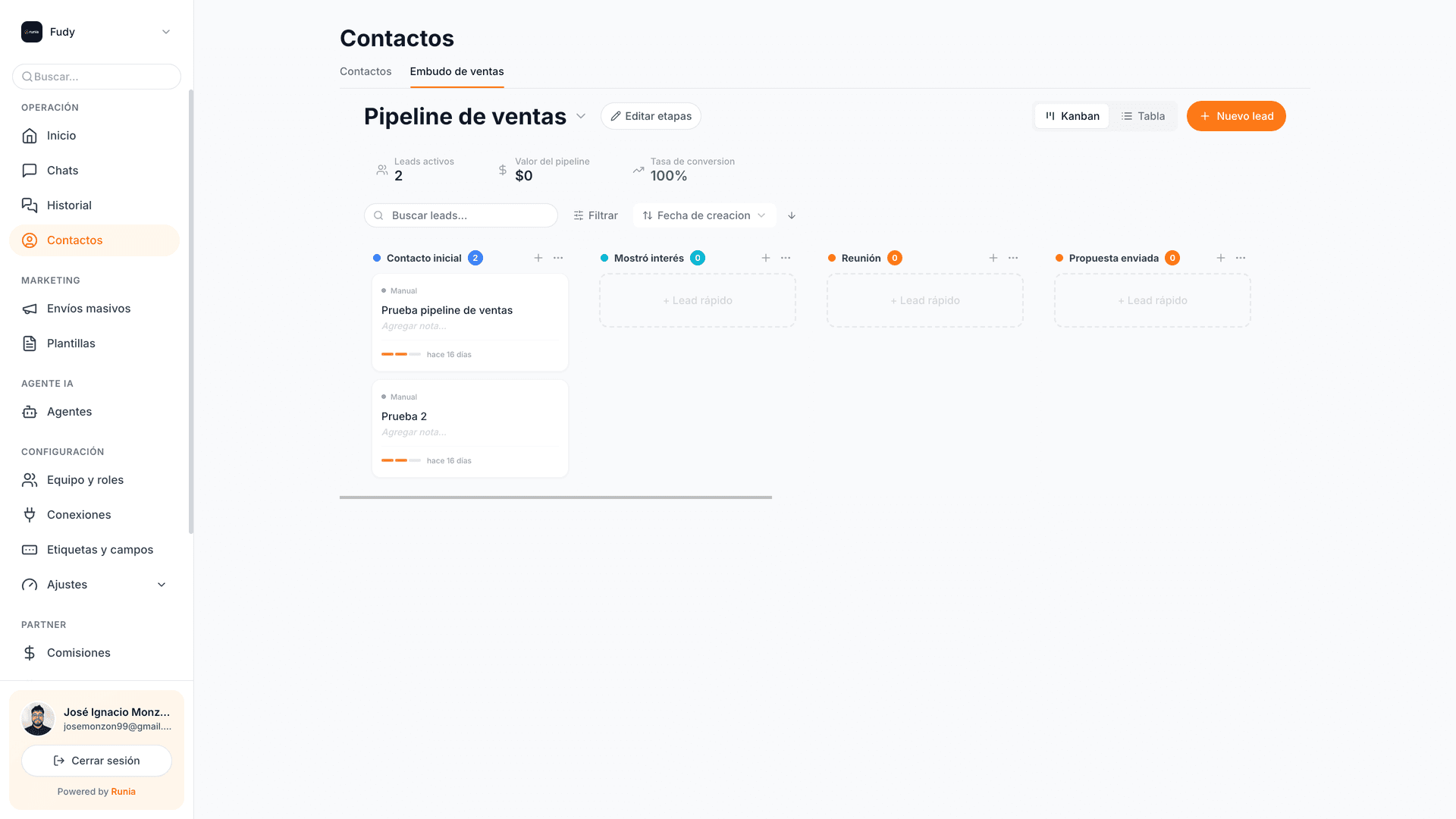 Pipeline de ventas rediseñado en Runia