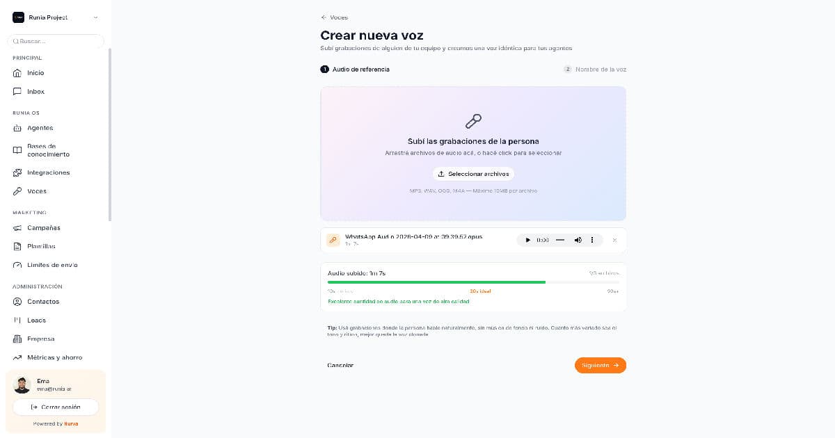Entrenamiento de voces para agentes de IA en Runia