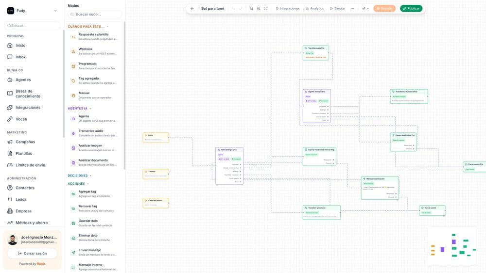 Canvas visual de Runia Nexus para crear agentes de IA