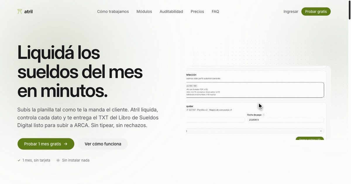 La home de Atril, con el mensaje de liquidar los sueldos del mes en minutos