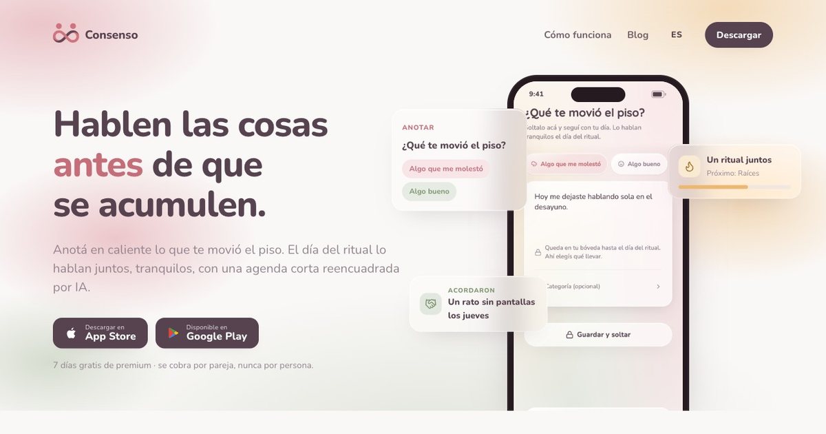 La home de Consenso, con la pantalla de la app para anotar lo que molestó
