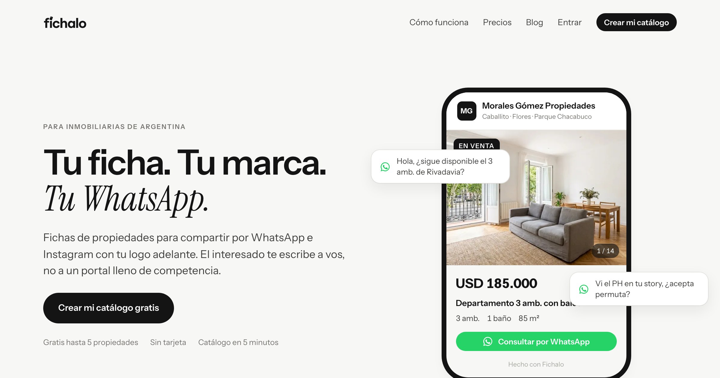 La home de Fichalo: «Tu ficha. Tu marca. Tu WhatsApp.» y una ficha de propiedad en un teléfono con el botón de WhatsApp