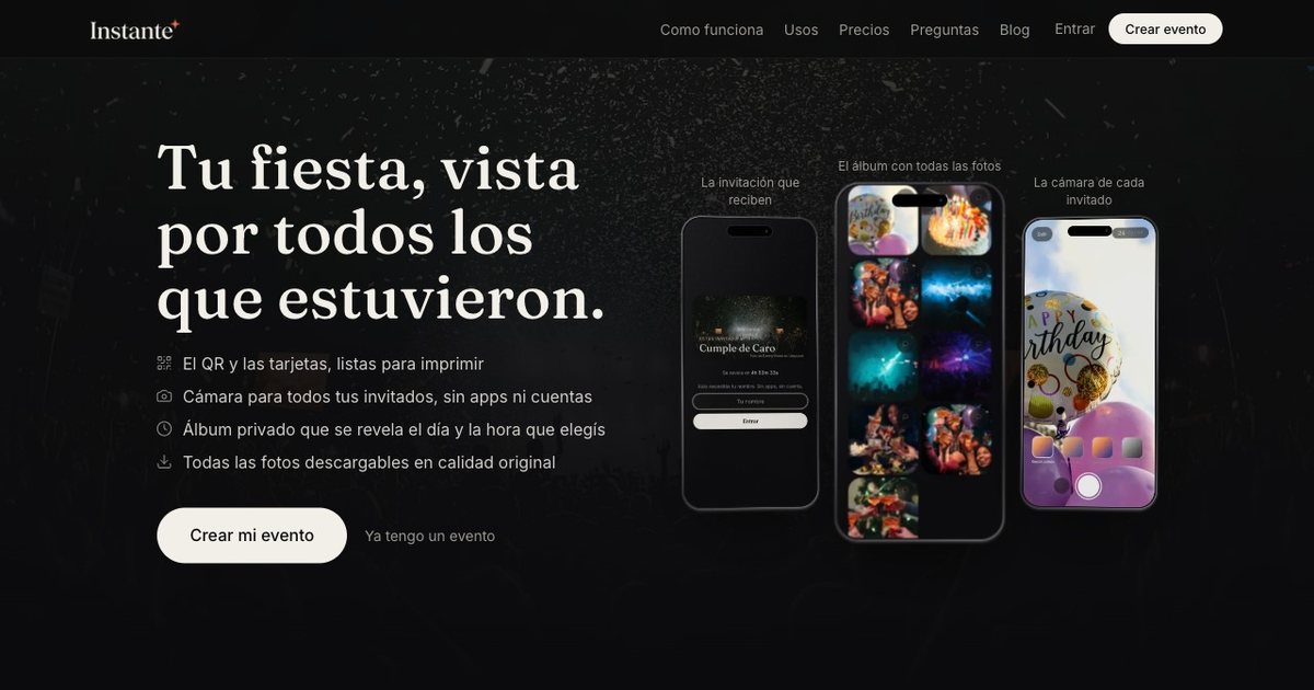 La home de Instante, con la invitación, el álbum y la cámara del evento en tres teléfonos